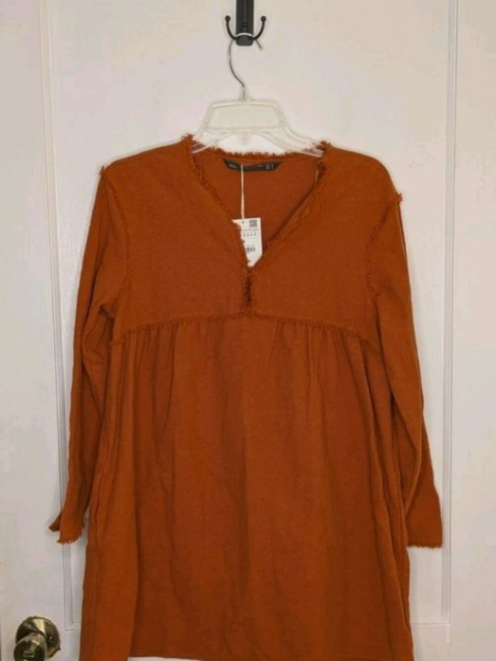 NWT Zara Rust Orange Babydoll Tunic Mini Dress Frayed Hem Pockets Womens Medium